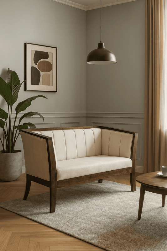 Modern living room with a wooden sofa, coffee table, and decorative elements.