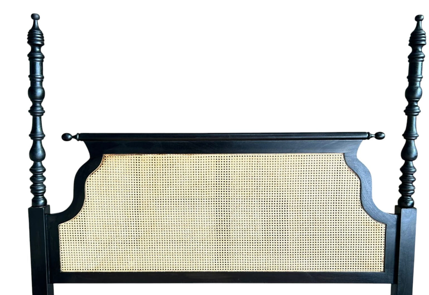 Black wooden headboard with a woven cane design on a white background