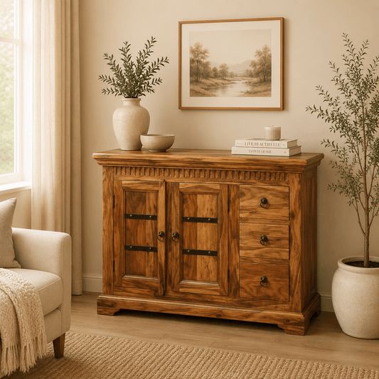 Wooden cabinet in a living room with decor elements