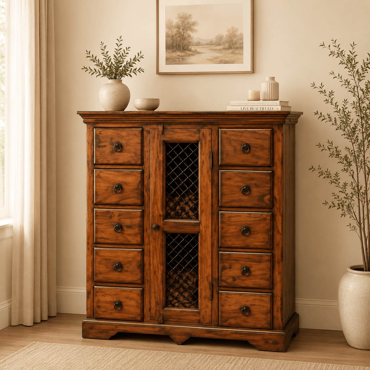 Wooden cabinet with drawers and a glass door in a room with plants and a painting.