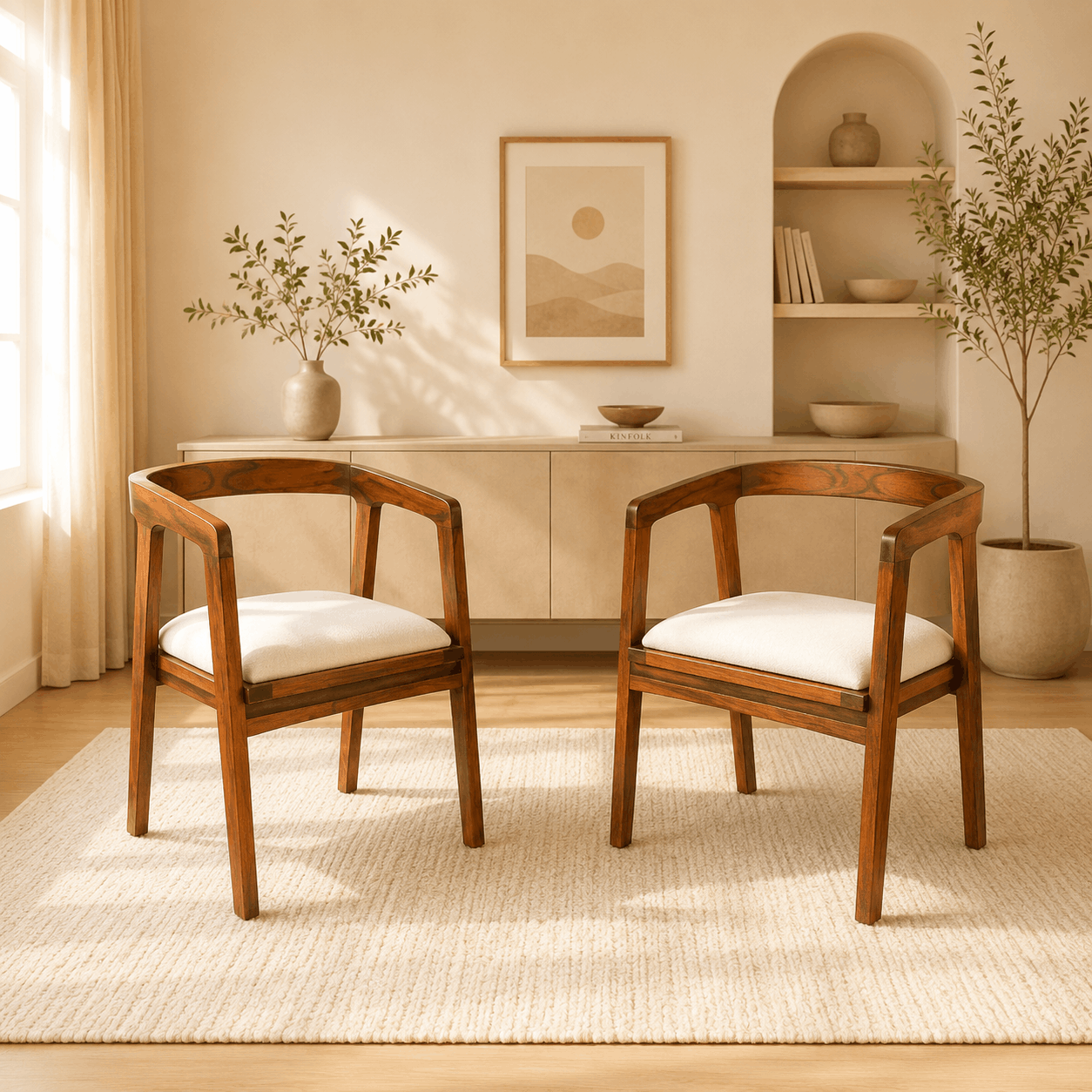 Two wooden chairs with white cushions in a room with a rug, plants, and a cabinet.