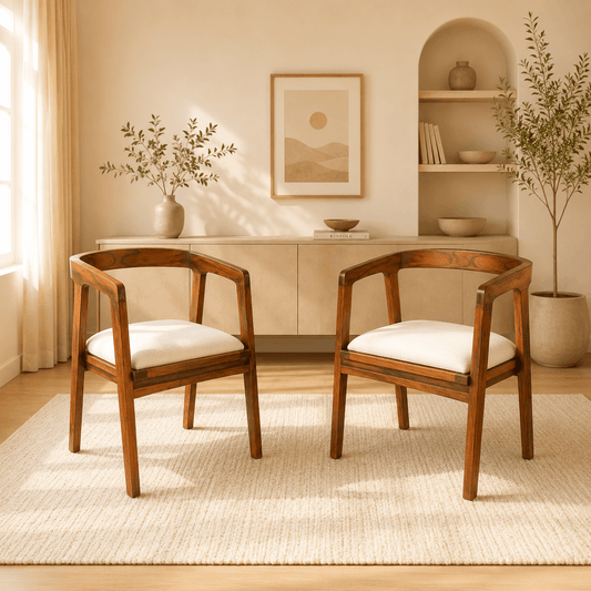 Two wooden chairs with white cushions in a room with a rug, plants, and a cabinet.