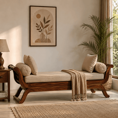 Wooden bench with beige cushions and a blanket in a living room setting.