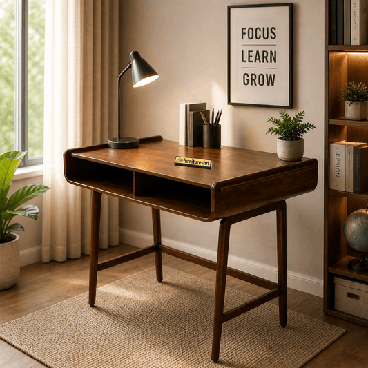 Wooden desk in a home office with decor elements like a lamp, plant, and motivational poster.