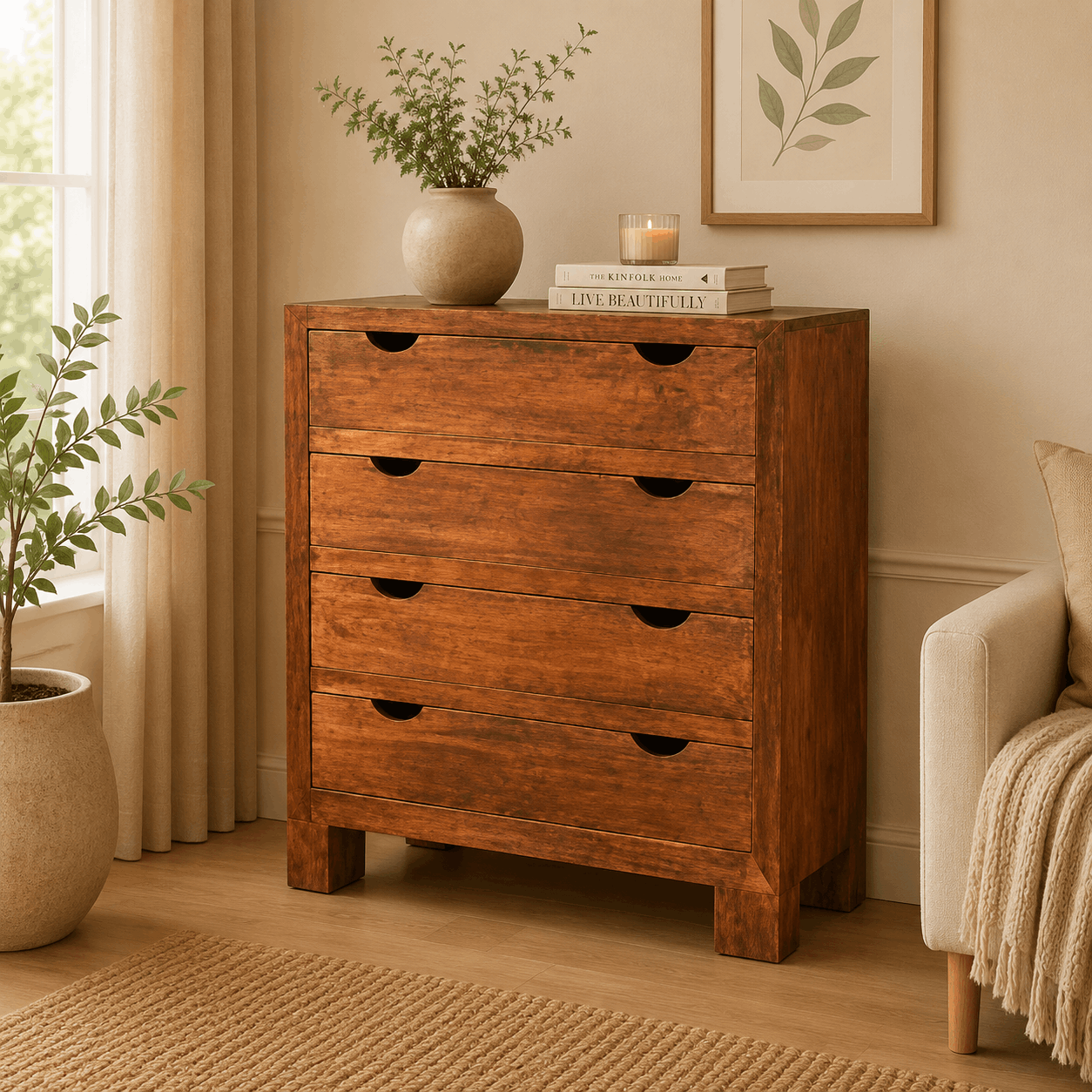 Wooden dresser with decorative items in a cozy living room setting