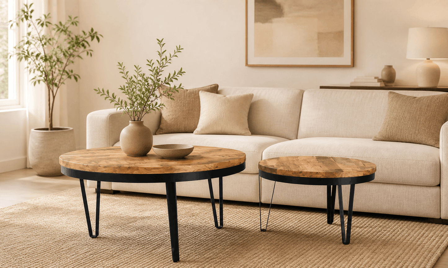 Living room with beige sofa, wooden coffee tables, and decorative elements.