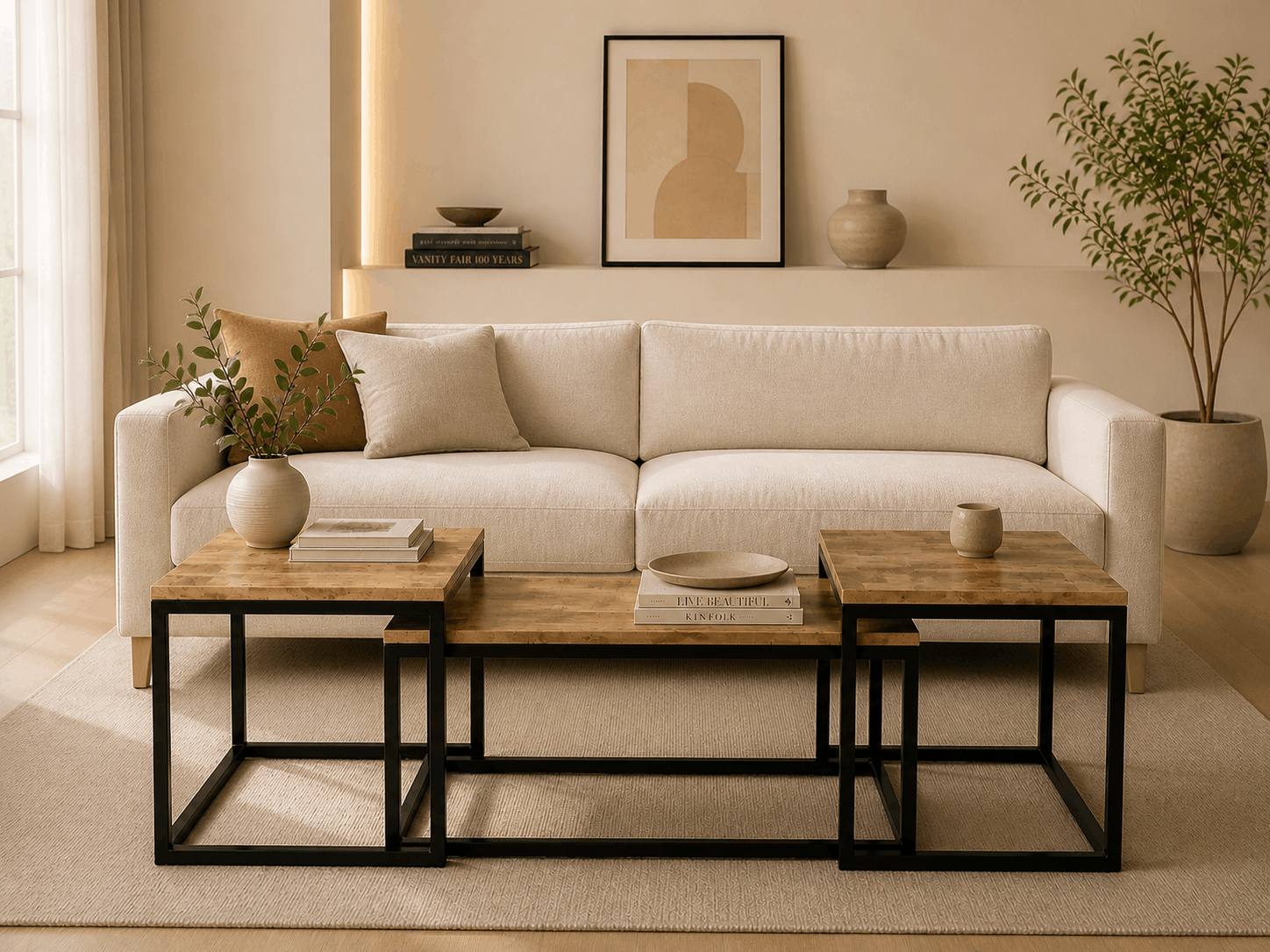 Modern living room with beige sofa, wooden coffee table, and decorative elements.