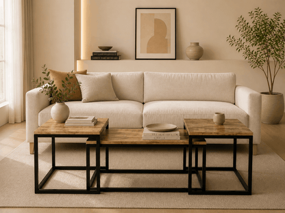 Modern living room with beige sofa, wooden coffee table, and decorative elements.