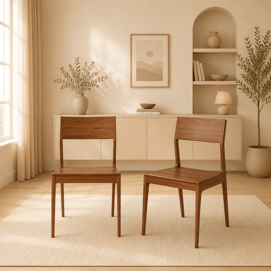Two wooden chairs in a room with a rug, shelves, and decorative items.