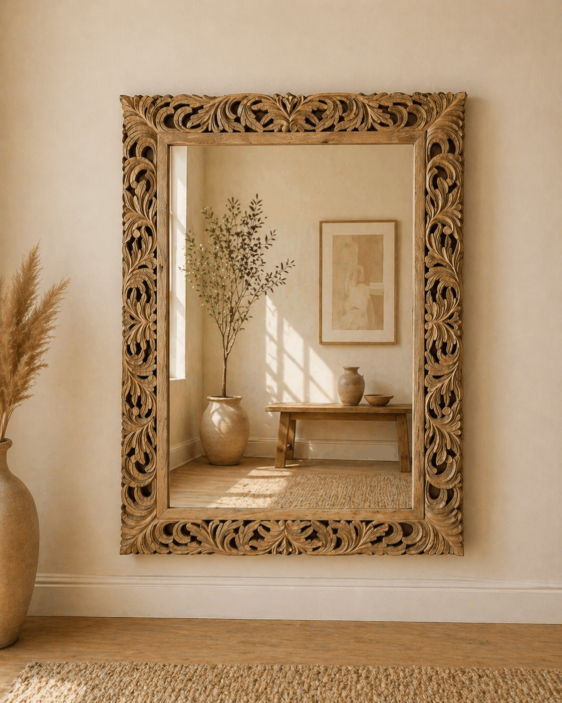 Handcarved wooden wall mirror with ornate frame in natural finish