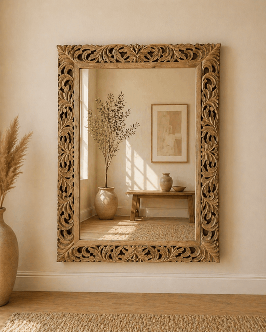 Hand Carved Wooden Mirror Frame | Vastu Wall Mirror for Living Room & Entrance Decor