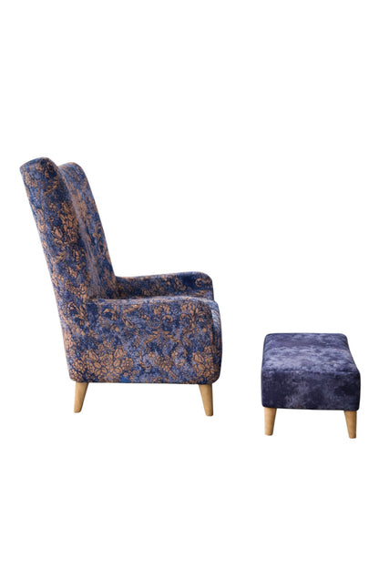 Ferrowoods Royal Blue Printed Accent Armchair with Matching Ottoman | Upholstered Lounge Chair with Solid Wood Legs