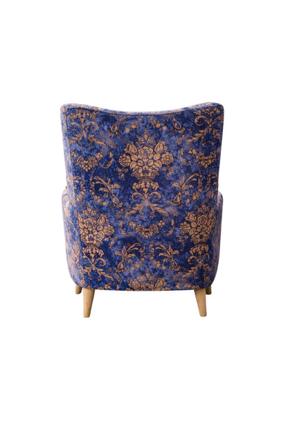 Ferrowoods Royal Blue Printed Accent Armchair with Matching Ottoman | Upholstered Lounge Chair with Solid Wood Legs