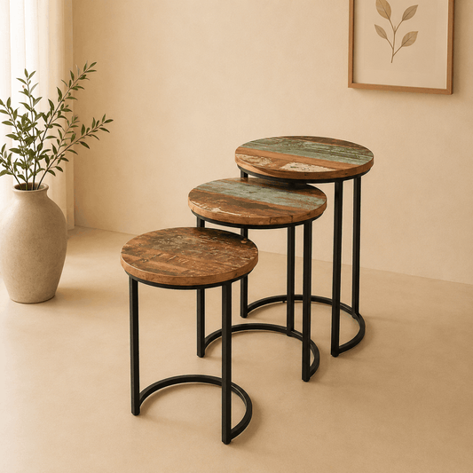 Rustic wood nesting tables with black metal legs in multi-toned finish
