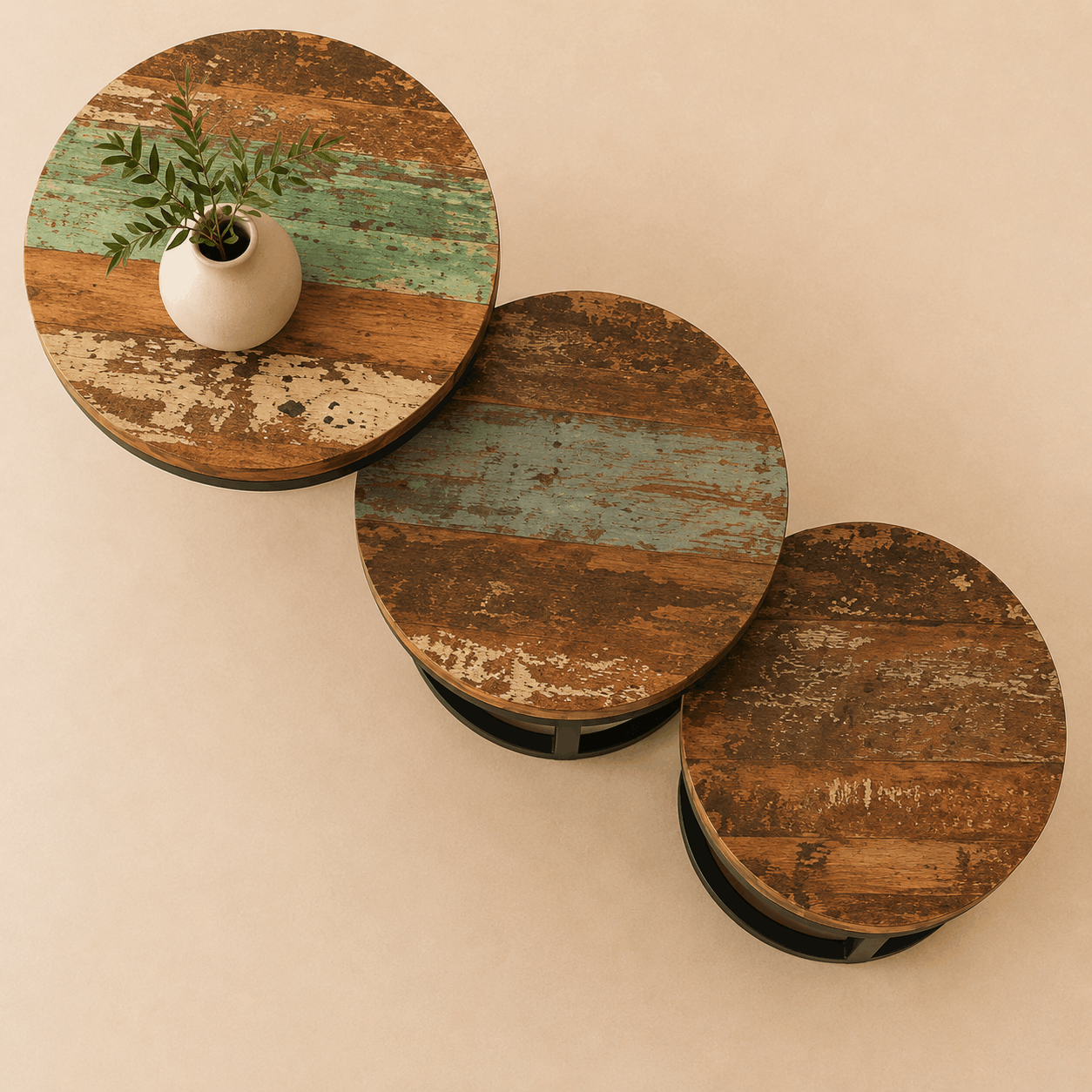 Rustic solid wood nesting tables with distressed finish and metal bases