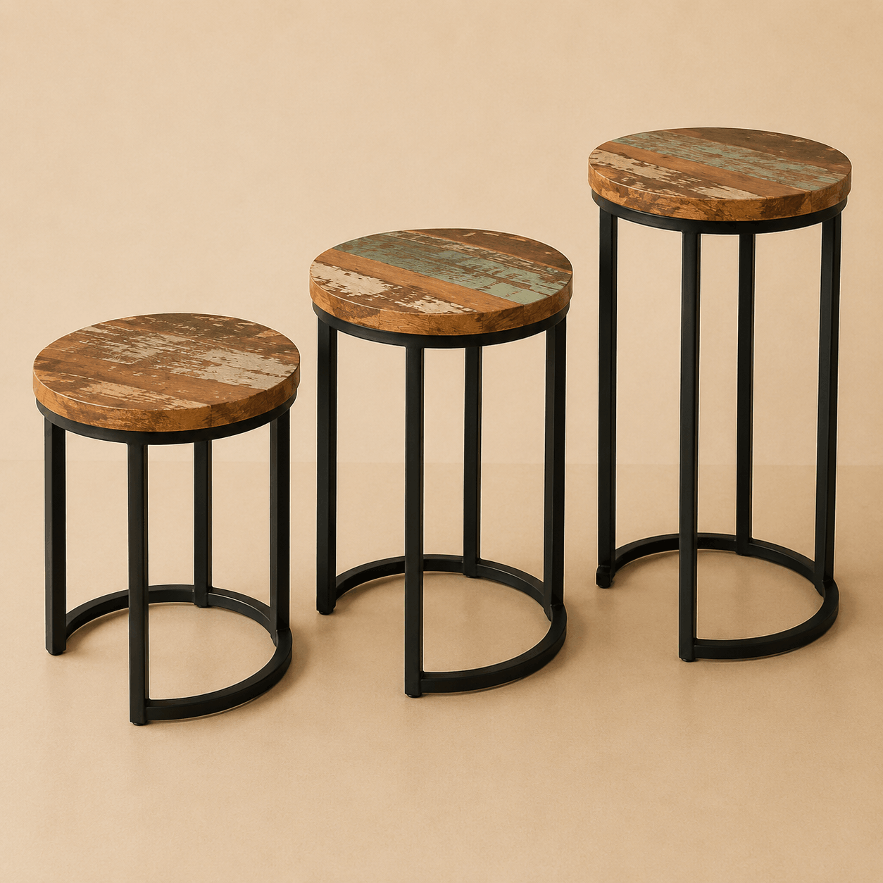 Set of three rustic wood side tables with black metal legs in distressed finish