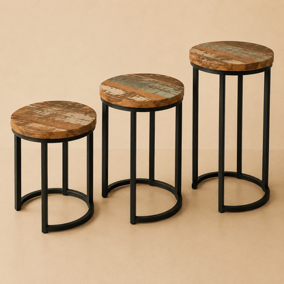 Set of three rustic wood side tables with black metal legs in distressed finish