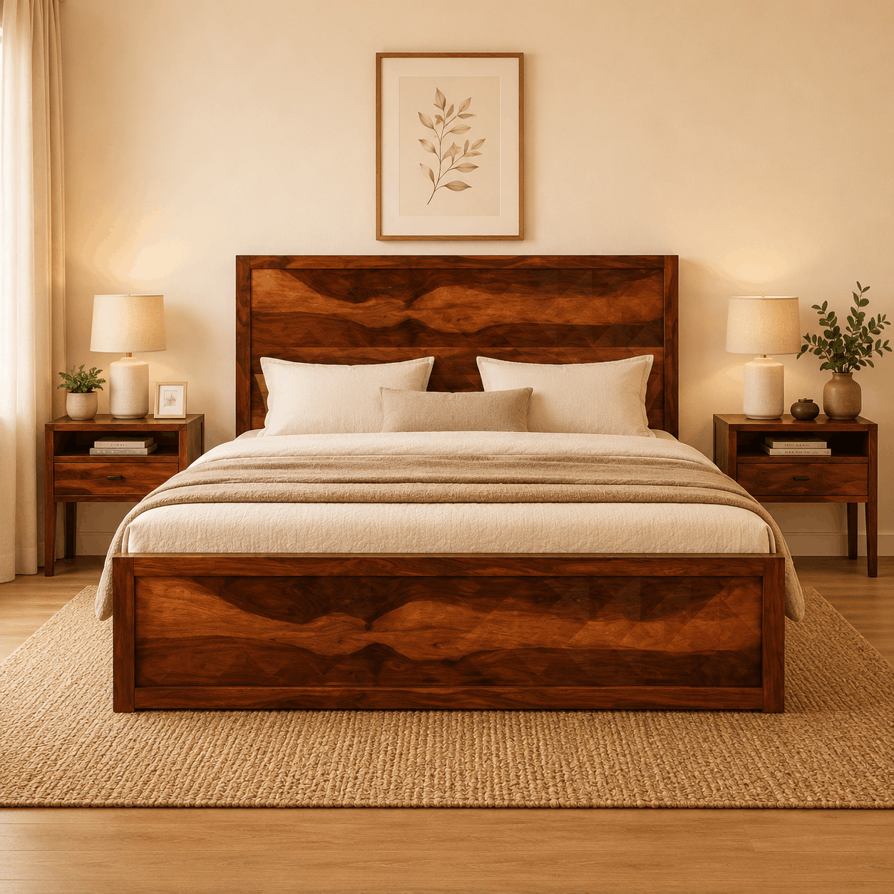 Diamond solid wood queen size bed walnut finish
