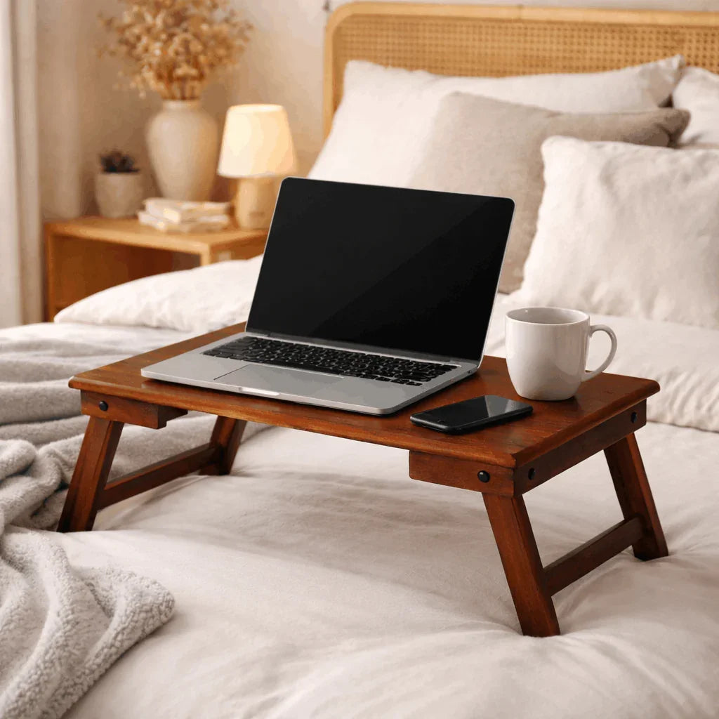 Ferrowoods Solid Wood Bed Laptop Table | Foldable Wooden Breakfast Table for Bed | Portable Work Desk for Laptop, Study & Coffee | Multipurpose Bed Tray Table - Ferrowoods