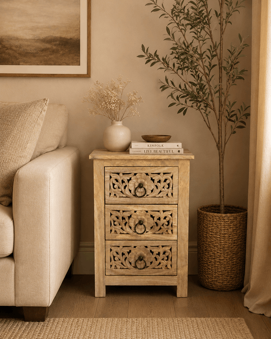 Handcrafted Natural Mango Wood Bedside Table with 3 Drawers | Floral Carved Wooden Nightstand