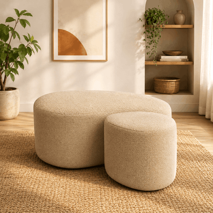 Camel Buckle Upholstered Bench with Puff for Living Room