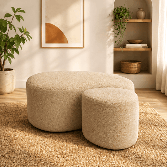 Beige textured fabric ottoman set with round modular design for living room