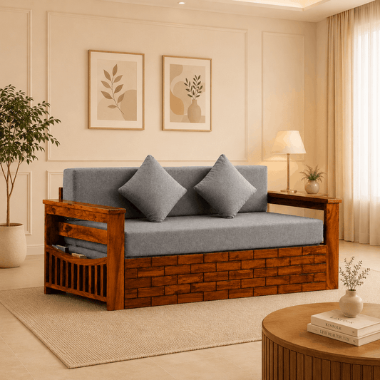 Bricks Sheesham Wood Sofa Bed with Side Storage & Mattress | Honey Finish | Ferrowoods