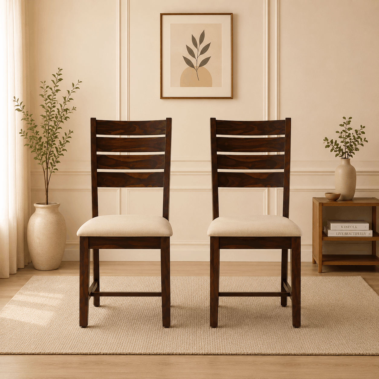 Solid wood dining chairs with cream cushion and dark walnut finish