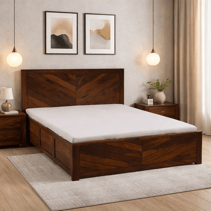 Ferrowoods Chevron Crest queen size hydraulic box storage bed in Provincial Teak finish for modern bedroom interiors