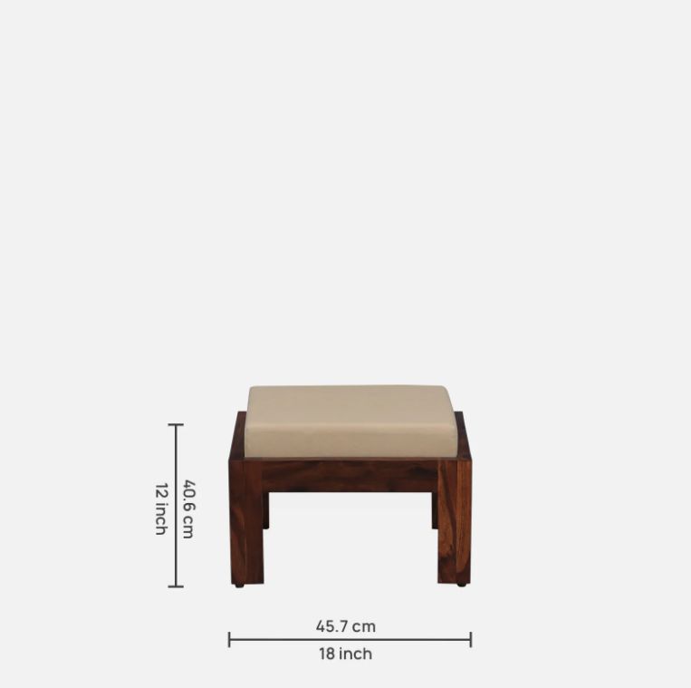 Wooden stool with beige cushion and dimensions on a white background