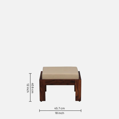 Wooden stool with beige cushion and dimensions on a white background