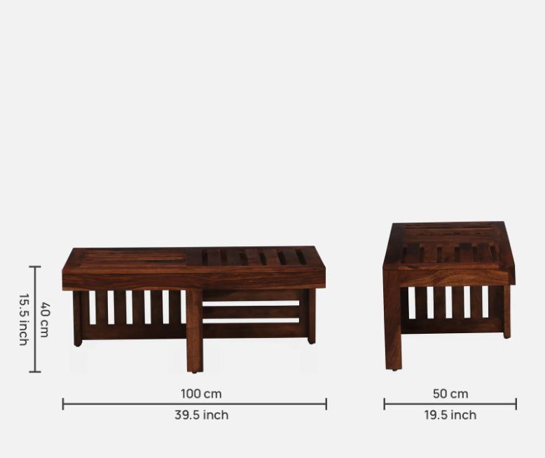 Wooden bench and stool with dimensions on a white background
