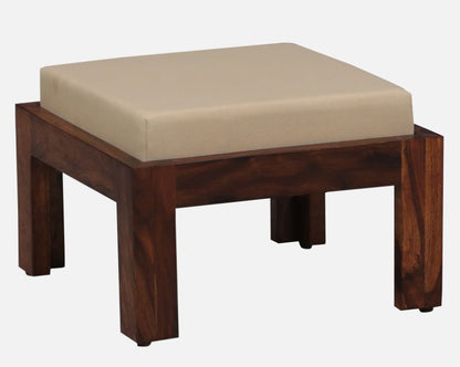 Wooden stool with a beige cushion on a white background