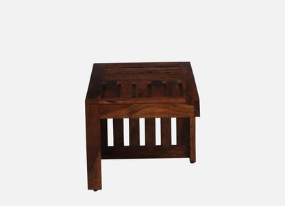 Wooden side table with a dark brown finish on a white background