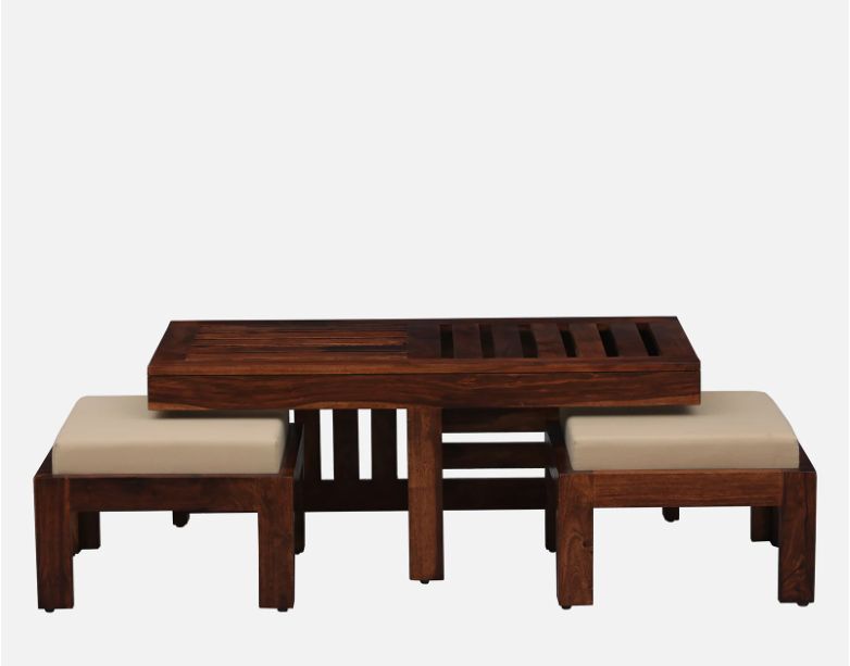 Wooden outdoor table with two matching benches on a white background