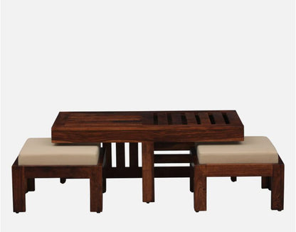 Wooden outdoor table with two matching benches on a white background