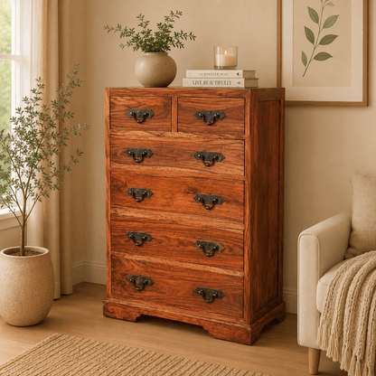 Wooden dresser with decorative items in a cozy room setting