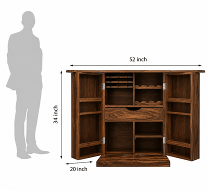 Wooden bar cabinet with dimensions labeled on a white background