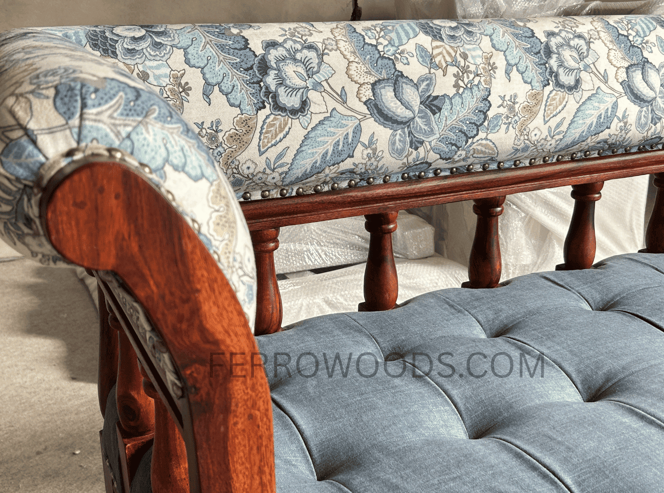 Premium Solid Wood Daybed Sofa | Blue Upholstery - Ferrowoods