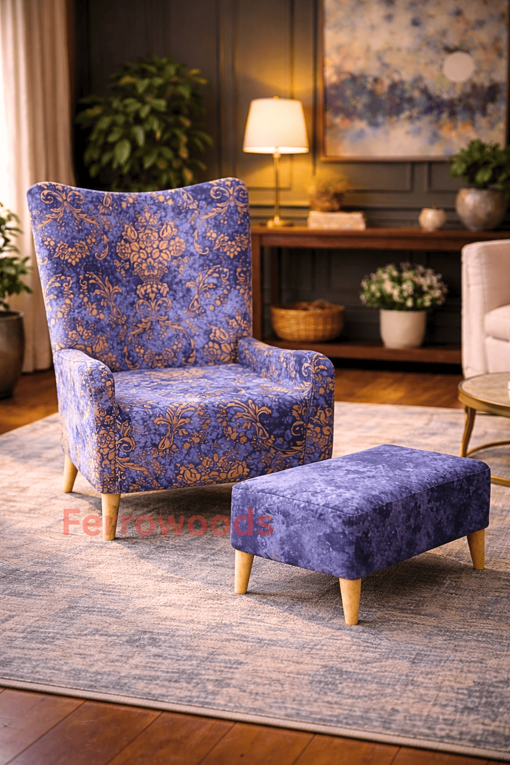 Ferrowoods Royal Blue Printed Accent Armchair with Matching Ottoman | Upholstered Lounge Chair with Solid Wood Legs