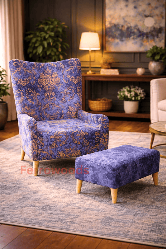 Ferrowoods Royal Blue Printed Accent Armchair with Matching Ottoman | Upholstered Lounge Chair with Solid Wood Legs