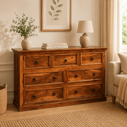 Wooden dresser in a room with decor elements like a lamp, plant, and books.