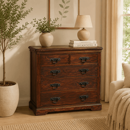 Wooden dresser with decorative items in a room with a plant and lamp.