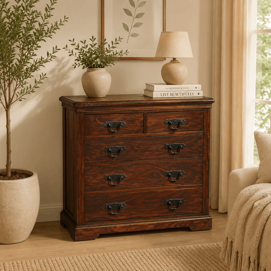 Wooden dresser with decorative items in a room with a plant and lamp.