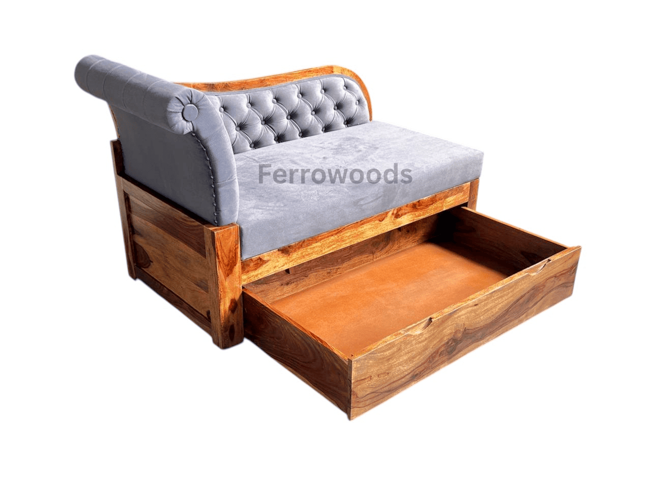 2 seater Sheesham Wood Upholstered Sofa with Drawer Storage | Provincial Teak Finish | Ferrowoods -