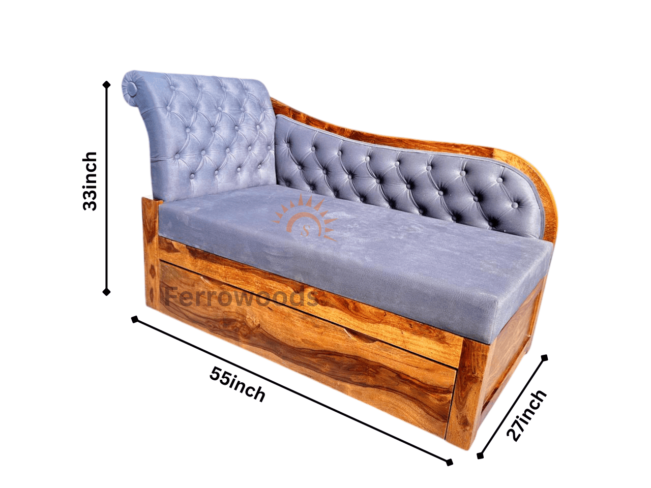 2 seater Sheesham Wood Upholstered Sofa with Drawer Storage | Provincial Teak Finish | Ferrowoods -