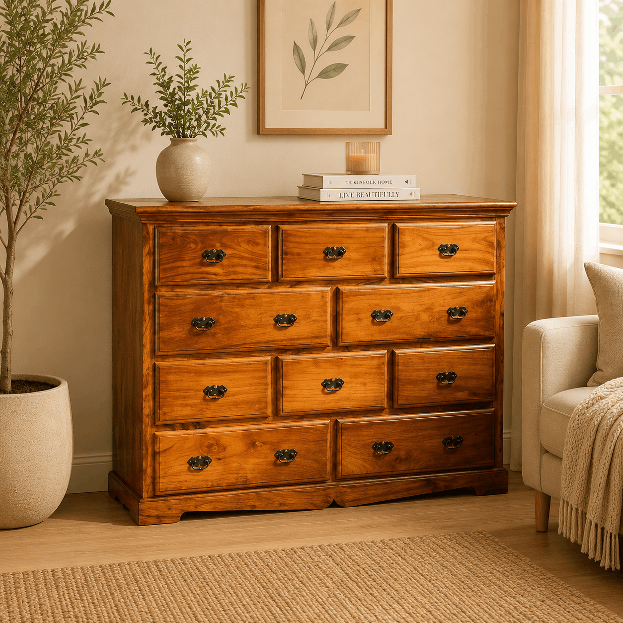 Wooden dresser in a room with a plant, books, and a chair.