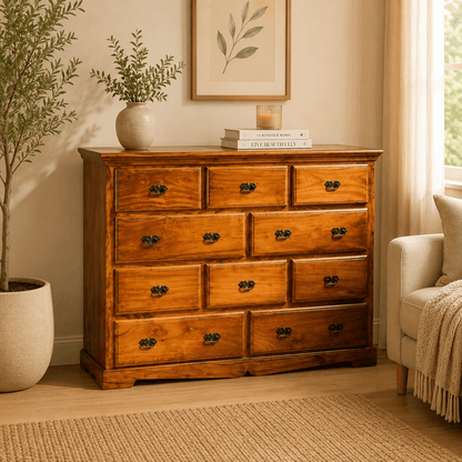 Wooden dresser in a room with a plant, books, and a chair.