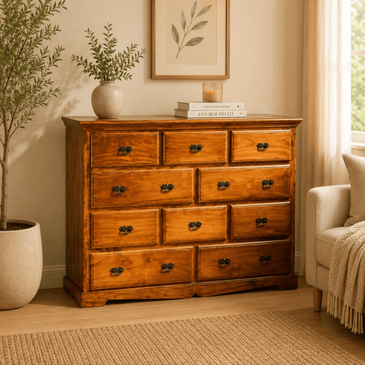 Wooden dresser in a room with a plant, books, and a chair.