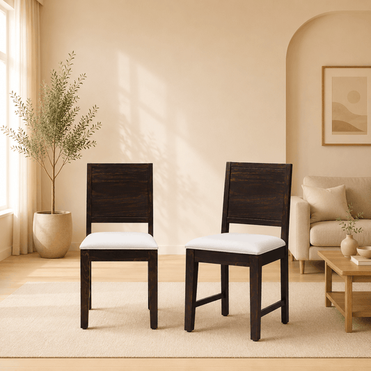Two wooden chairs with white cushions in a living room setting.